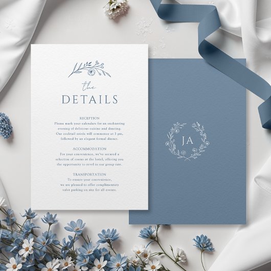 Dusty Blue Monogram Wedding Informatiekaartje