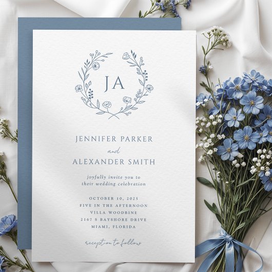 Dusty Blue Monogram Wedding Kaart