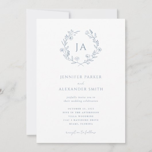 Dusty Blue Monogram Wedding Kaart (Voorkant)