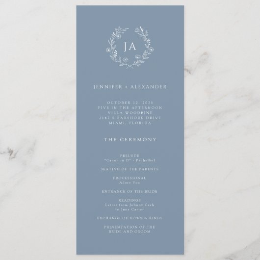 Dusty Blue Monogram Wedding Programmakaart (Voorkant)