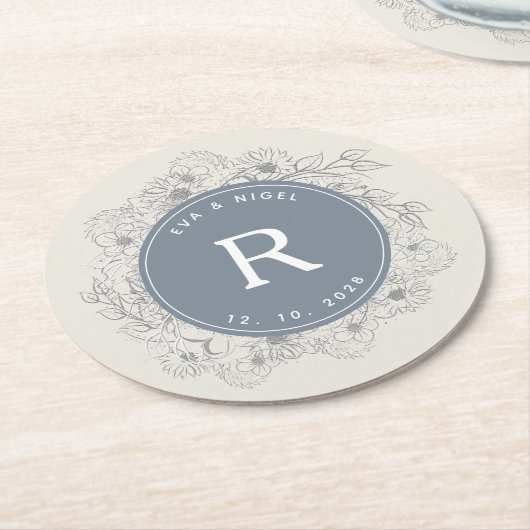 Dusty Blue Monogram Wedding Ronde Kartonnen Onderzetter (Gebogen)