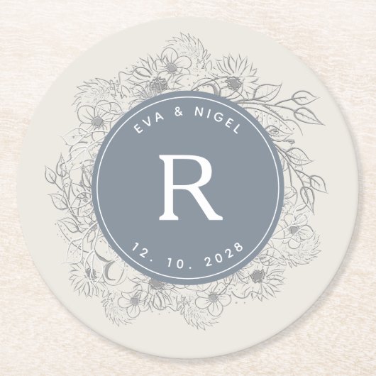 Dusty Blue Monogram Wedding Ronde Kartonnen Onderzetter (Voorkant)