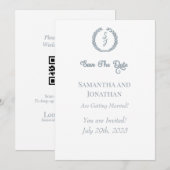 Dusty Blue Monogram Wreath Save the Date Card Kaart (Voorkant / Achterkant)