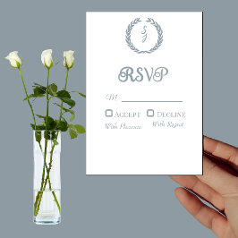 Dusty Blue Monogram Wreath White RSVP Card Kaart