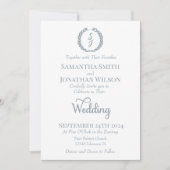 Dusty Blue Monogram Wreath White Wedding Kaart (Voorkant)