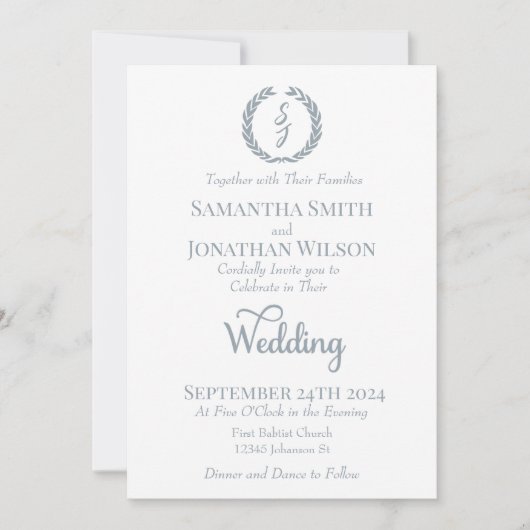 Dusty Blue Monogram Wreath White Wedding Kaart (Voorkant)