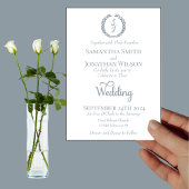 Dusty Blue Monogram Wreath White Wedding Kaart