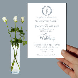 Dusty Blue Monogram Wreath White Wedding Kaart