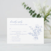Dusty Blue Monogrammed Crest Floral RSVP-kaart RSVP Kaartje (Staand voorkant)