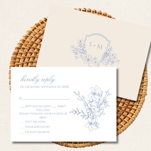 Dusty Blue Monogrammed Crest Floral RSVP-kaart RSVP Kaartje
