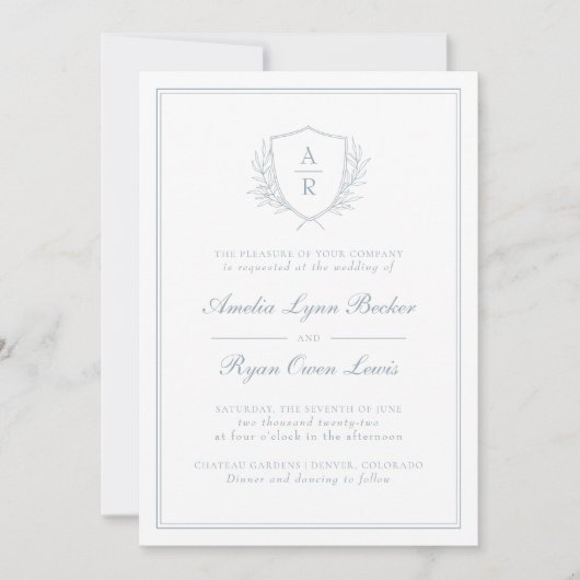 Dusty Blue Monogrammed Wedding Kaart (Voorkant)
