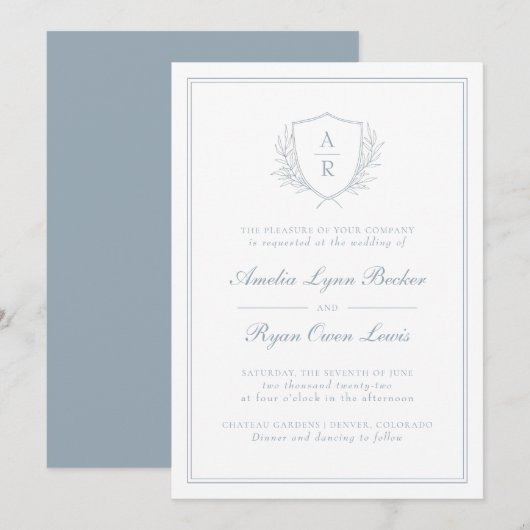 Dusty Blue Monogrammed Wedding Kaart (Voorkant / Achterkant)