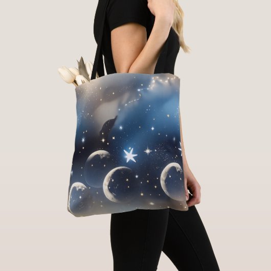 Dusty Blue Moon Muted Celestial Aesthetic Tote Bag (Dichtbij)
