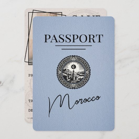 Dusty Blue Morocco Passport Bewaar de datum Save The Date (Voorkant / Achterkant)