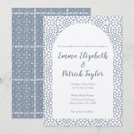 Dusty Blue Mosaic Wedding Invitation Kaart (Voorkant / Achterkant)