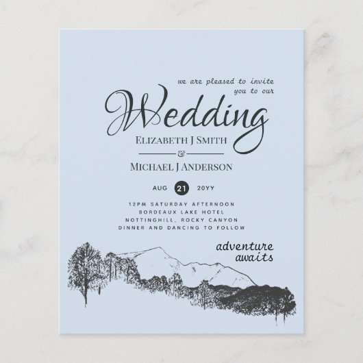 Dusty Blue Mountain Adventure Wedding Budget Flyer (Voorkant)