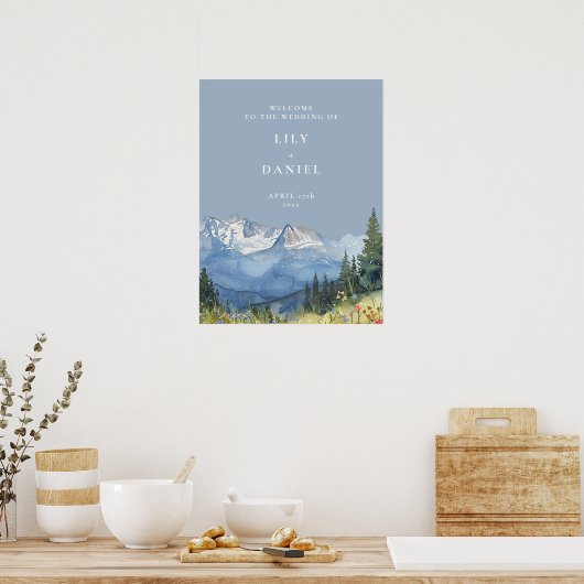 Dusty Blue Mountain Bloemen Huwelijk Welkomstbord Poster (Keuken)
