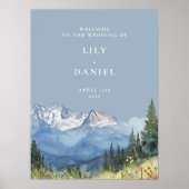 Dusty Blue Mountain Bloemen Huwelijk Welkomstbord Poster (Voorkant)