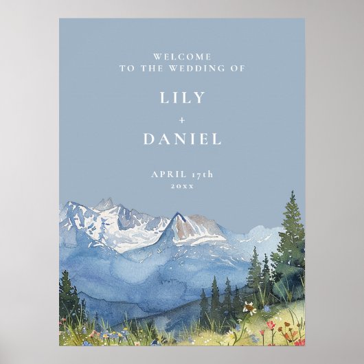 Dusty Blue Mountain Bloemen Huwelijk Welkomstbord Poster (Voorkant)