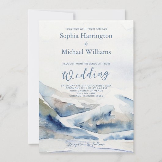 Dusty Blue Mountains Wedding Invitation QR Code Kaart (Voorkant)