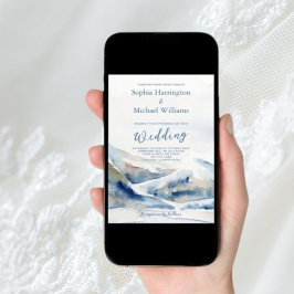 Dusty Blue Mountains Wedding Invitation QR Code Kaart