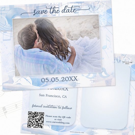 Dusty Blue Music Theme Foto Save the Date Aankondigingskaart