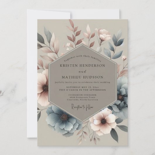 Dusty Blue Muted Bloom Wedding Kaart (Voorkant)