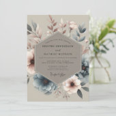Dusty Blue Muted Bloom Wedding Kaart (Staand voorkant)