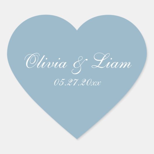 Dusty Blue Name Date Elegant Wedding Hart Sticker (Voorkant)
