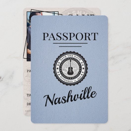 Dusty Blue Nashville Passport Bewaar de datum Save The Date (Voorkant / Achterkant)