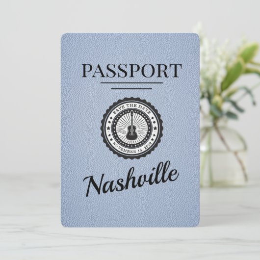 Dusty Blue Nashville Passport Bewaar de datum Save The Date (Staand voorkant)