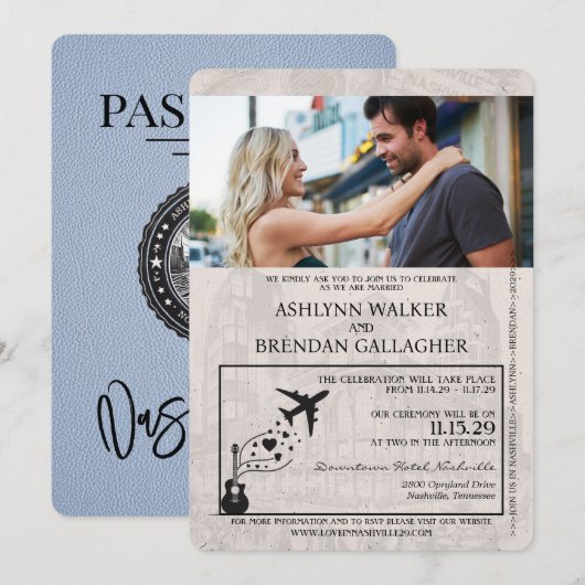 Dusty Blue Nashville Passport Wedding Invitation Kaart (Voorkant / Achterkant)
