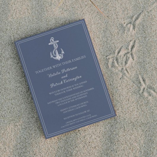Dusty Blue Nautical Anchor Wedding Invitation Kaart