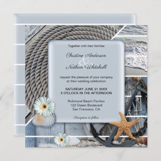 Dusty Blue Nautical Anchor Wedding Invitation Kaart (Voorkant / Achterkant)