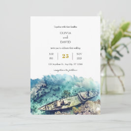 Dusty Blue Nautical Shipwreck Coral Beach Wedding Kaart