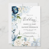 Dusty Blue Navy Beige Alles in 1 QR Code Wedding Kaart (Voorkant)