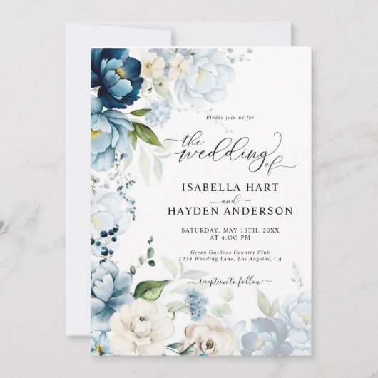 Dusty Blue Navy Beige Alles in 1 QR Code Wedding Kaart (Voorkant)