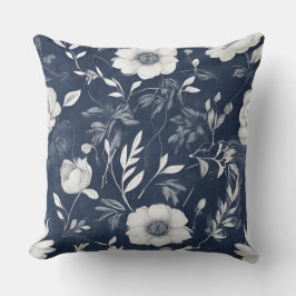 Dusty Blue Navy Blauw Wit Bloemen Kussen