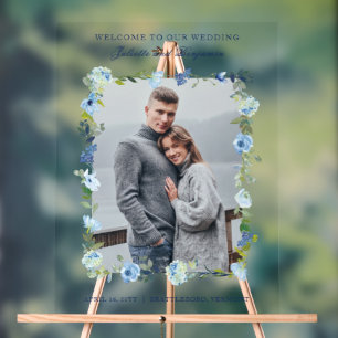 Dusty Blue Navy Bloemen Bruiloft Welkomstbord Acryl Bord