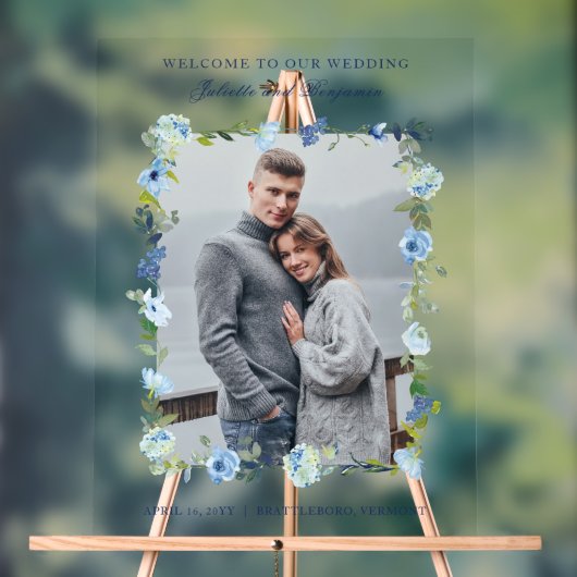 Dusty Blue Navy Bloemen Bruiloft Welkomstbord Acryl Bord (Neutraal)