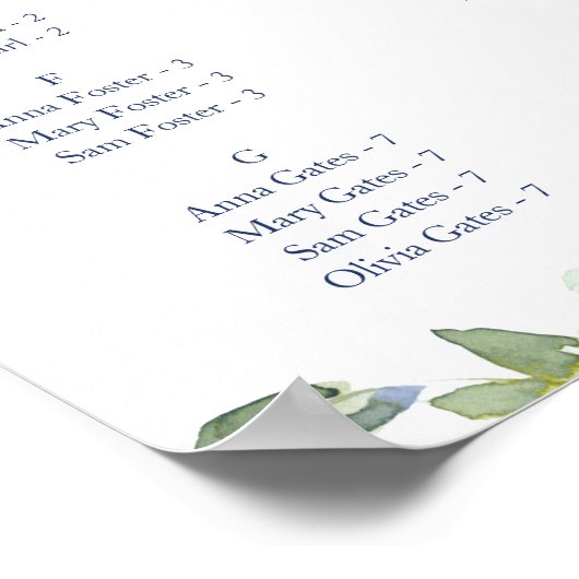 Dusty Blue Navy Bloemen Bruiloft Zitkaarten Poster (Hoek)