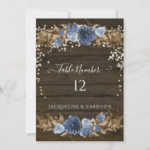 Dusty Blue Navy Bloemen Rustieke Lichten Tafelnumm Kaart (Voorkant)