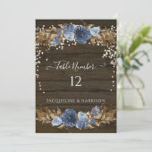 Dusty Blue Navy Bloemen Rustieke Lichten Tafelnumm Kaart (Staand voorkant)
