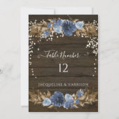 Dusty Blue Navy Bloemen Rustieke Lichten Tafelnumm Kaart (Achterkant)