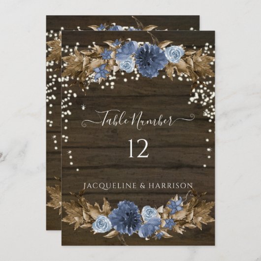 Dusty Blue Navy Bloemen Rustieke Lichten Tafelnumm Kaart (Voorkant / Achterkant)