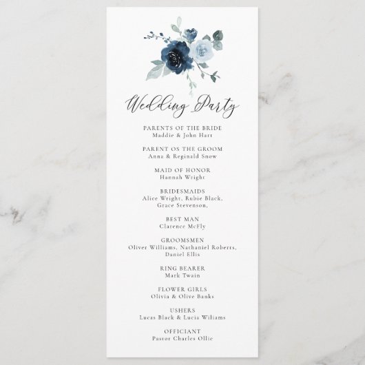 Dusty Blue Navy Bloemen Rustieke Waterverf Bruilof Programmakaart (Achterkant)