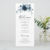 Dusty Blue Navy Bloemen Rustieke Waterverf Bruilof Programmakaart (Staand voorkant)