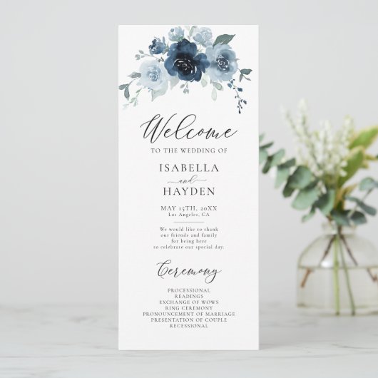 Dusty Blue Navy Bloemen Rustieke Waterverf Bruilof Programmakaart (Staand voorkant)