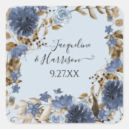Dusty Blue Navy Bloemen Waterverf Foliage Bruiloft Vierkante Sticker