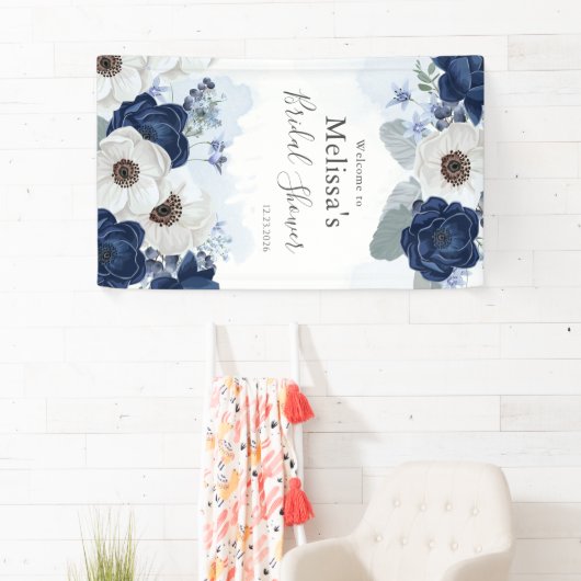Dusty Blue Navy Bloom Floral Vrijgezellenfeest Spandoek (Insitu)